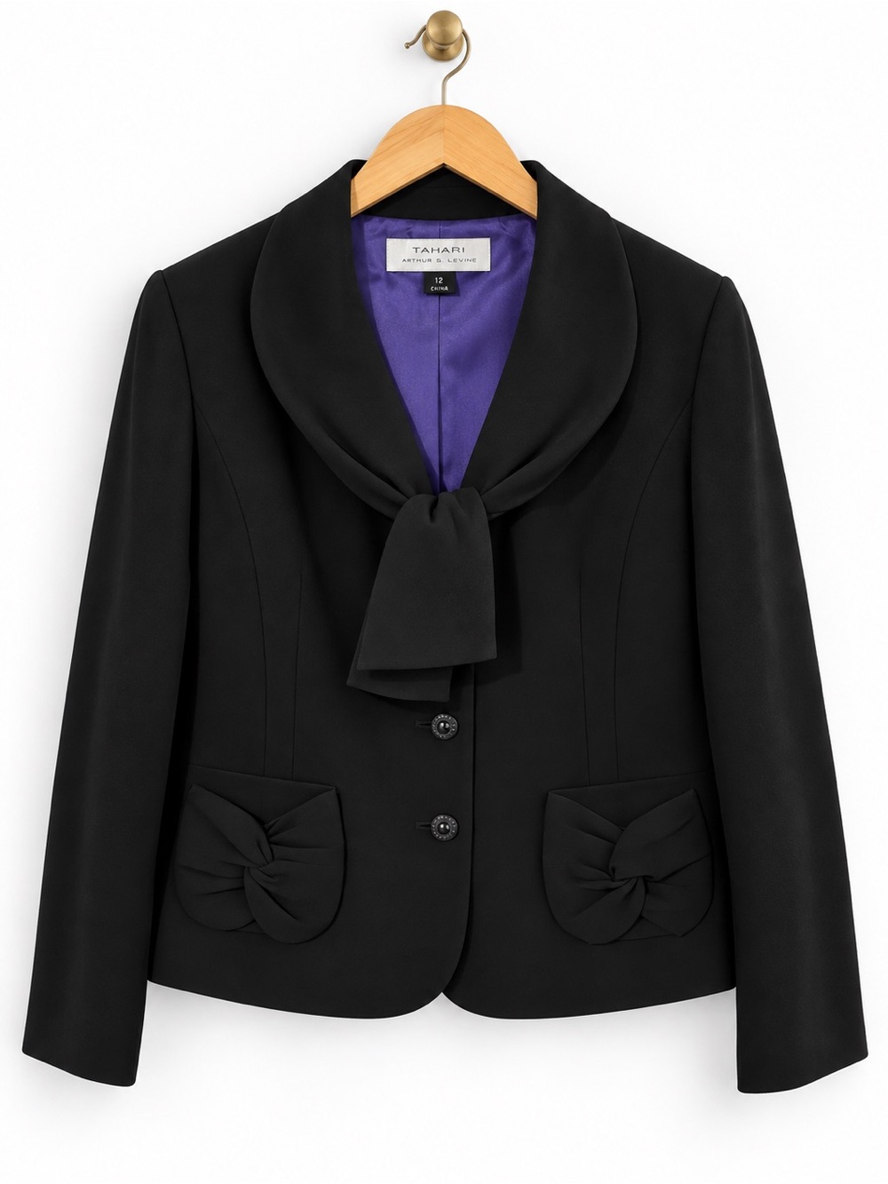 Tahari Arthur S. Levine Black Bow Blazer Size 12 Purple Lined Statement Jacket